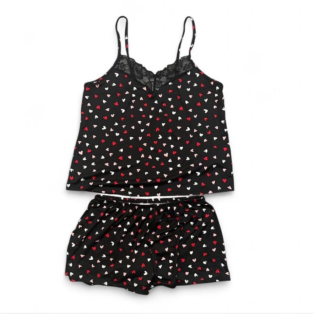 Joyspun Women's Black Heart-Print Lace Trim Cami & Short Sleep Set size S